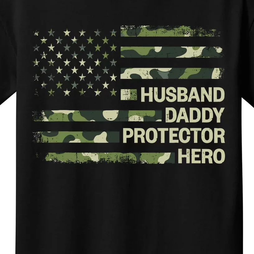 Husband Daddy Protector Hero Camouflage Flag Dad Fathers Day Kids T-Shirt