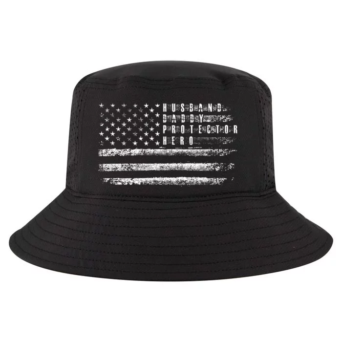 Husband Daddy Protector Hero Us American Flag Cool Comfort Performance Bucket Hat