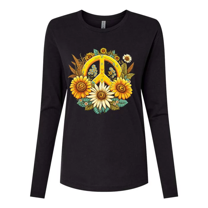 Hippie Daisy Peace Sign Retro Flower Sunflower Lovers Womens Cotton Relaxed Long Sleeve T-Shirt