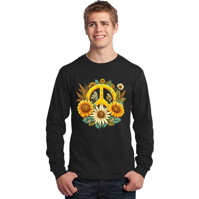 Hippie Daisy Peace Sign Retro Flower Sunflower Lovers Long Sleeve Shirt