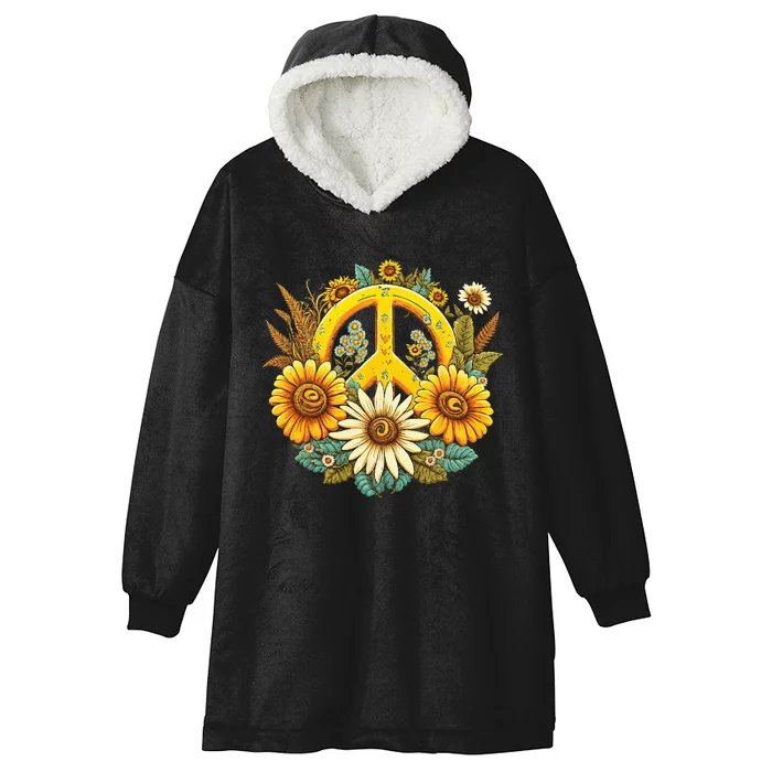 Hippie Daisy Peace Sign Retro Flower Sunflower Lovers Hooded Wearable Blanket