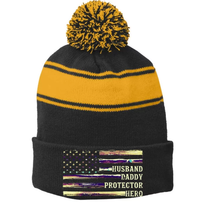 Husband Daddy Protector Hero FatherS Day Stripe Pom Pom Beanie