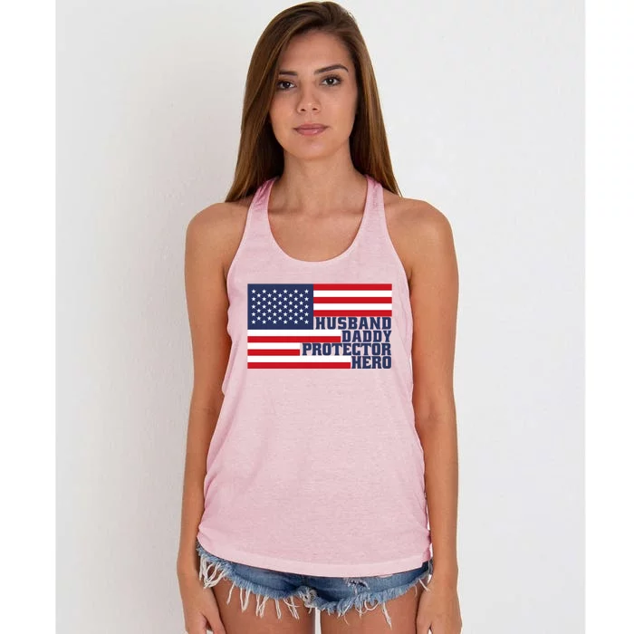 Husband Daddy Protector Hero Flag Patriotic Dad Cute Gift Women's Knotted Racerback Tank