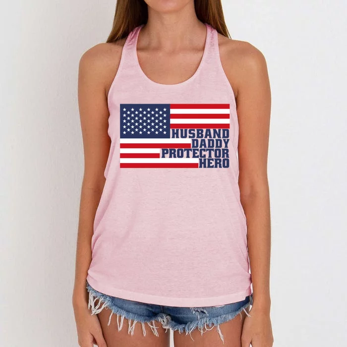 Husband Daddy Protector Hero Flag Patriotic Dad Cute Gift Women's Knotted Racerback Tank