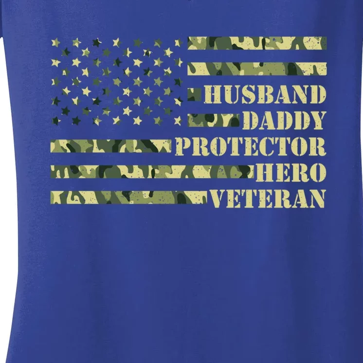 Husband Daddy Protector Hero Veteran Camo Patriotic Us Flag Cute Gift Women's V-Neck T-Shirt