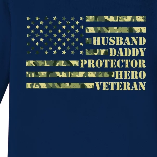 Husband Daddy Protector Hero Veteran Camo Patriotic Us Flag Cute Gift Baby Long Sleeve Bodysuit