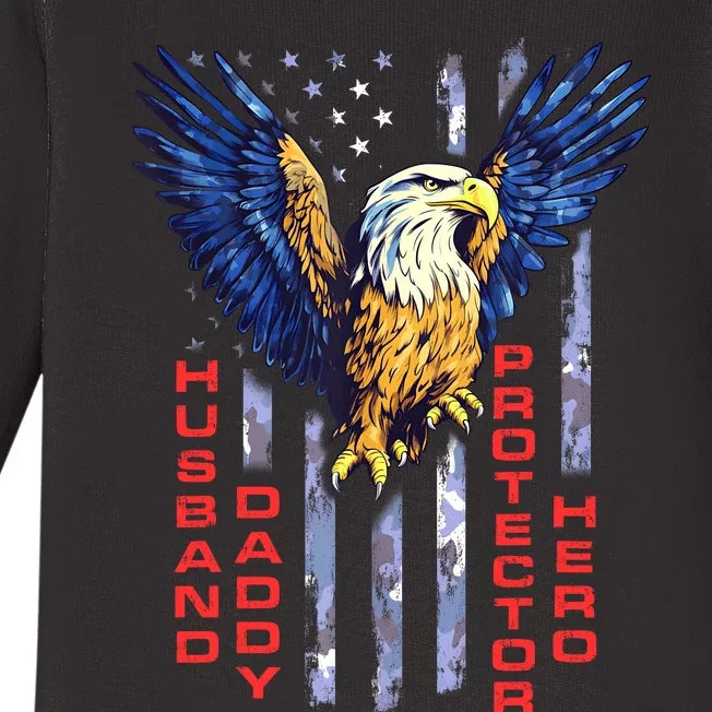 Husband Daddy Protector Hero Fathers Day Camo American Flag Baby Long Sleeve Bodysuit