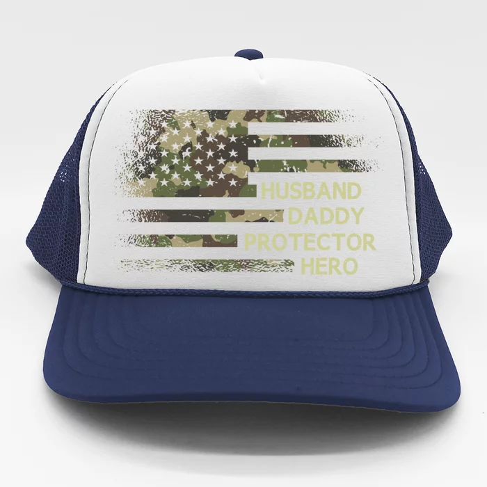 Husband Daddy Protector Hero Fathers Day Dad Usa Flag Cool Gift Trucker Hat