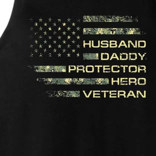 Husband Daddy Protector Hero Veteran Usa Flag Camouflage Dad Ladies Tri-Blend Wicking Tank