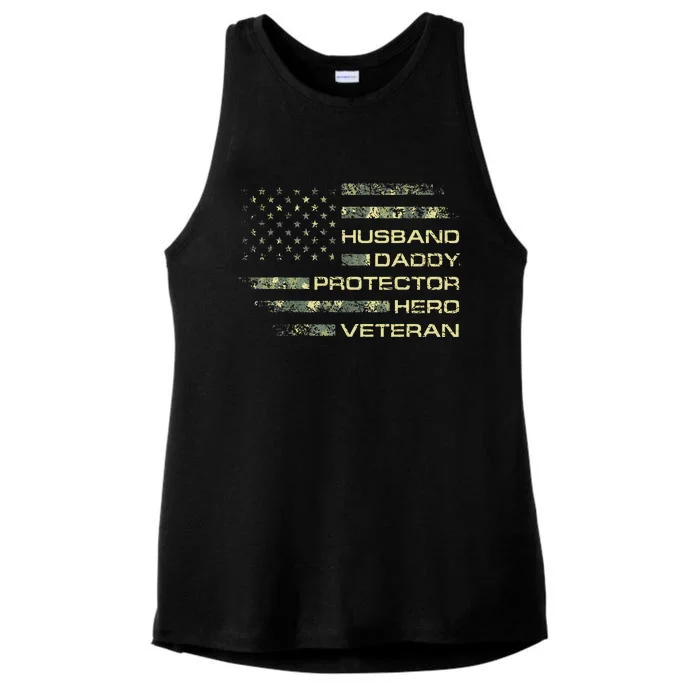 Husband Daddy Protector Hero Veteran Usa Flag Camouflage Dad Ladies Tri-Blend Wicking Tank