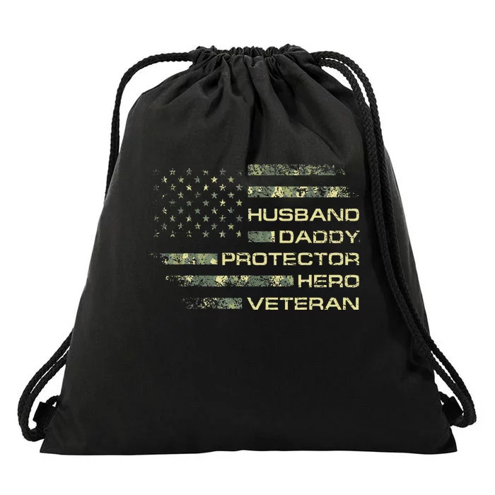 Husband Daddy Protector Hero Veteran Usa Flag Camouflage Dad Drawstring Bag