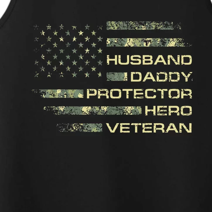 Husband Daddy Protector Hero Veteran Usa Flag Camouflage Dad Performance Tank