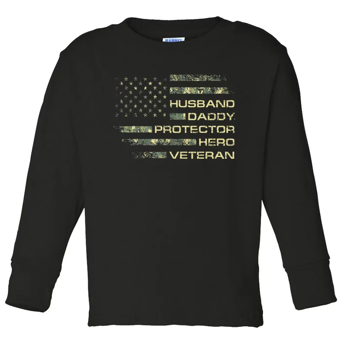 Husband Daddy Protector Hero Veteran Usa Flag Camouflage Dad Toddler Long Sleeve Shirt