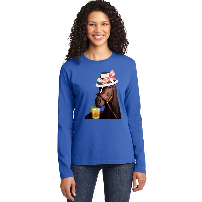 Horse Derby Party Blue Ladies Long Sleeve Shirt