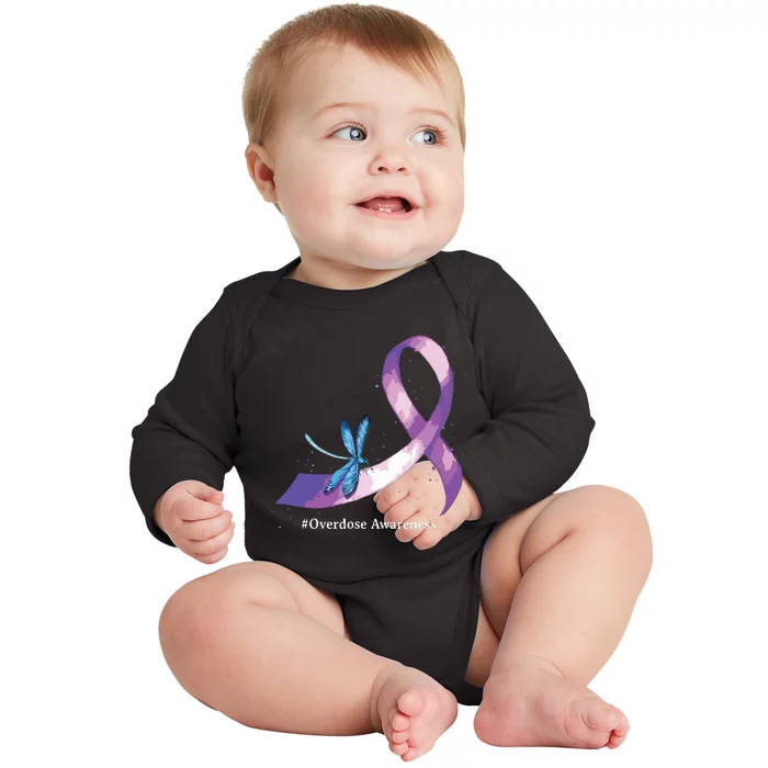 Hippie Dragonfly Purple Ribbon Overdose Awareness Baby Long Sleeve Bodysuit