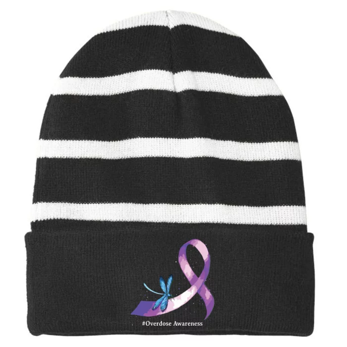 Hippie Dragonfly Purple Ribbon Overdose Awareness Striped Beanie with Solid Band