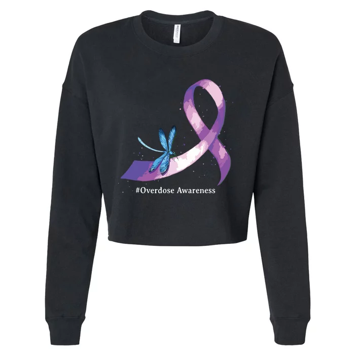 Hippie Dragonfly Purple Ribbon Overdose Awareness Cropped Pullover Crew