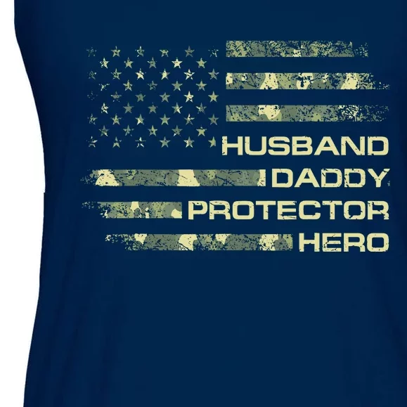 Husband Daddy Protector Hero Fathers Day Camo American Flag Ladies Essential Flowy Tank