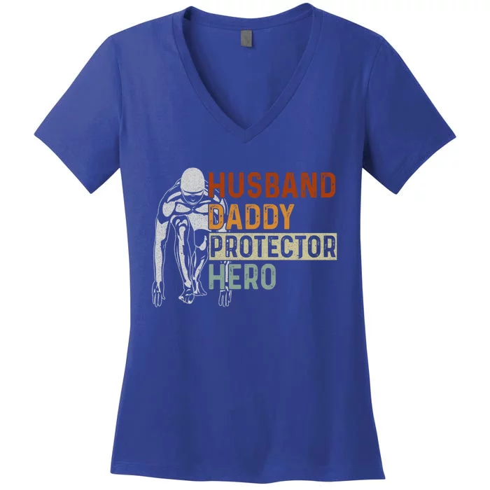 Husband Daddy Protector Hero Father Swimming Dad Grandpa Cute Gift Women's V-Neck T-Shirt