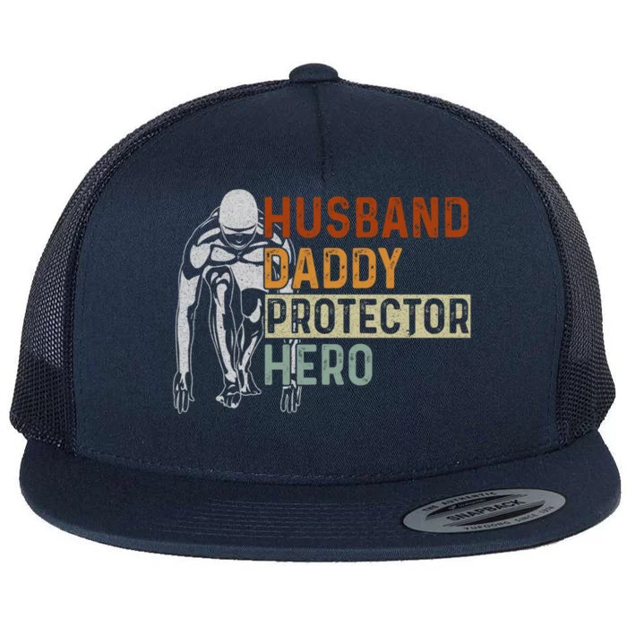 Husband Daddy Protector Hero Father Swimming Dad Grandpa Cute Gift Flat Bill Trucker Hat