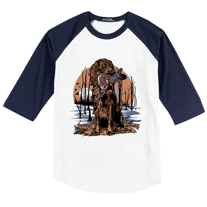 Hunting Dog Retrieving Duck Swamp Scene Baseball Sleeve Shirt