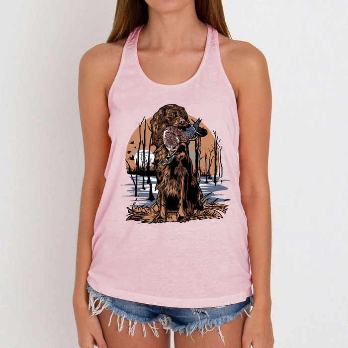 Hunting Dog Retrieving Duck Swamp Scene Women's Knotted Racerback Tank