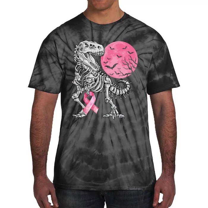 Halloween Dinosaur Ribbon Breast Cancer Awareness Tie-Dye T-Shirt