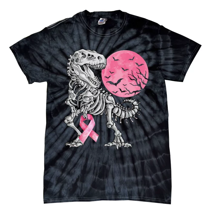 Halloween Dinosaur Ribbon Breast Cancer Awareness Tie-Dye T-Shirt