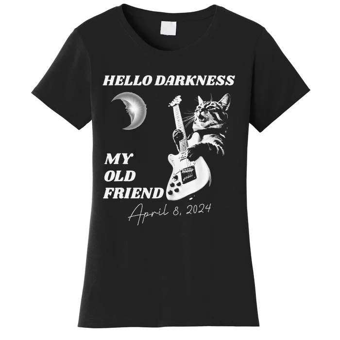 Hello Darkness Rock Cat Playing Guitar Solar Eclipse Women's T-Shirt