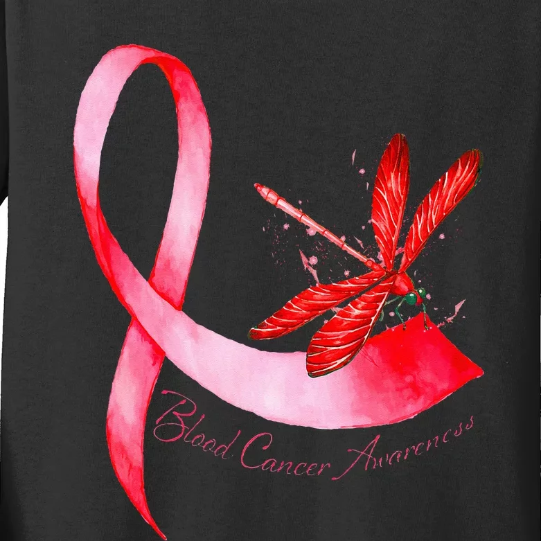 Hippie Dragonfly Red Ribbon Blood Cancer Awareness Kids Long Sleeve Shirt