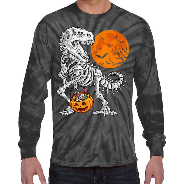 Halloween Dinosaur Skeleton T Rex Scary Pumpkin Moon Tie-Dye Long Sleeve Shirt