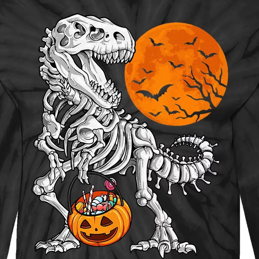 Halloween Dinosaur Skeleton T Rex Scary Pumpkin Moon Tie-Dye Long Sleeve Shirt