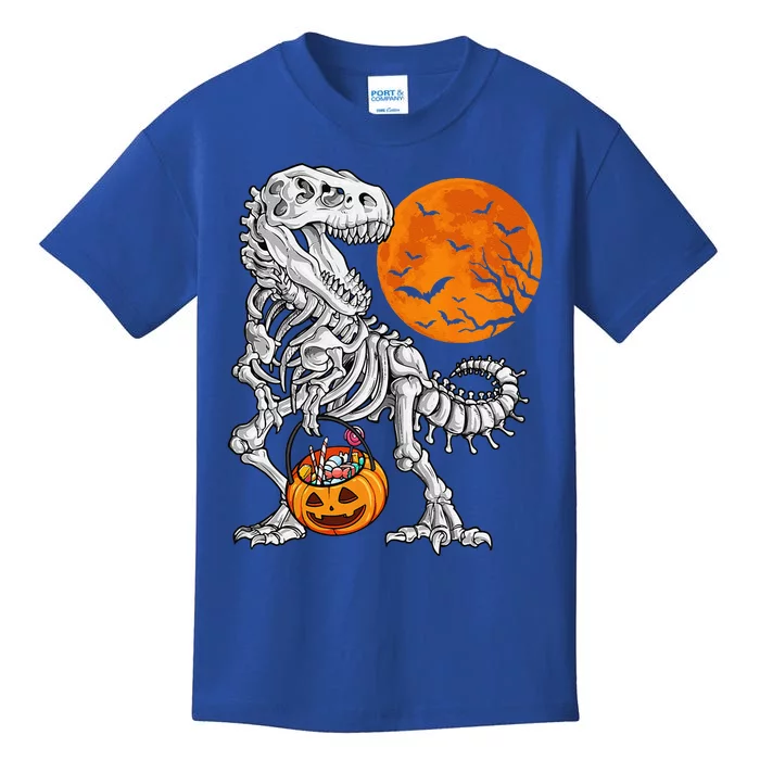 Halloween Dinosaur Skeleton T Rex Scary Pumpkin Moon Kids T-Shirt