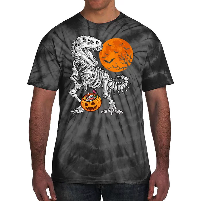 Halloween Dinosaur Skeleton T Rex Scary Pumpkin Moon Tie-Dye T-Shirt