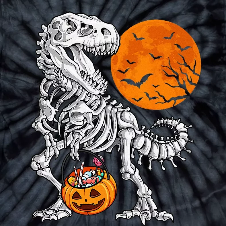 Halloween Dinosaur Skeleton T Rex Scary Pumpkin Moon Tie-Dye T-Shirt