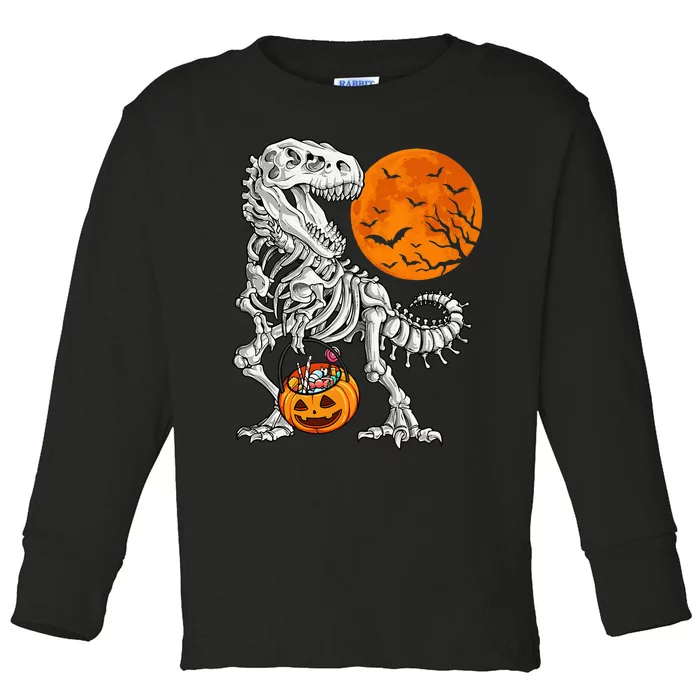 Halloween Dinosaur Skeleton T Rex Scary Pumpkin Moon Toddler Long Sleeve Shirt