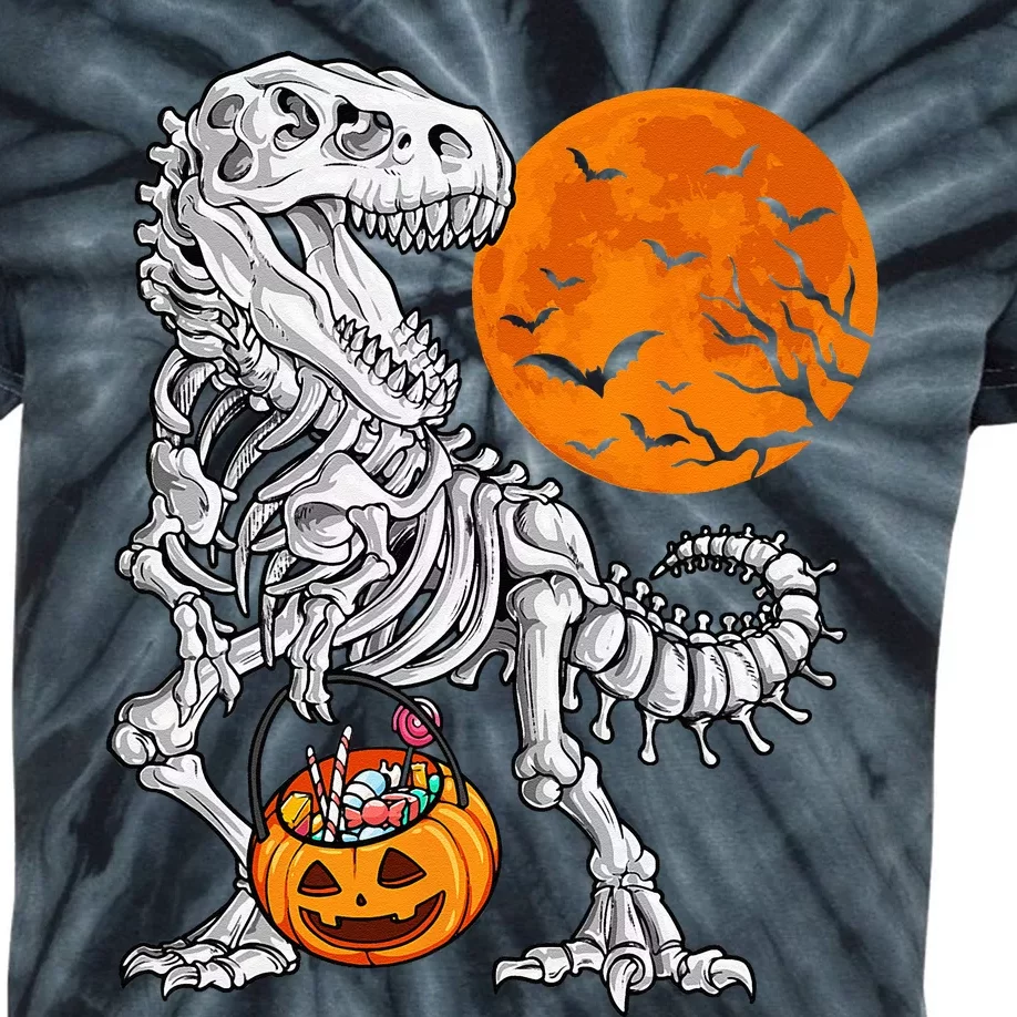 Halloween Dinosaur Skeleton T Rex Scary Pumpkin Moon Kids Tie-Dye T-Shirt