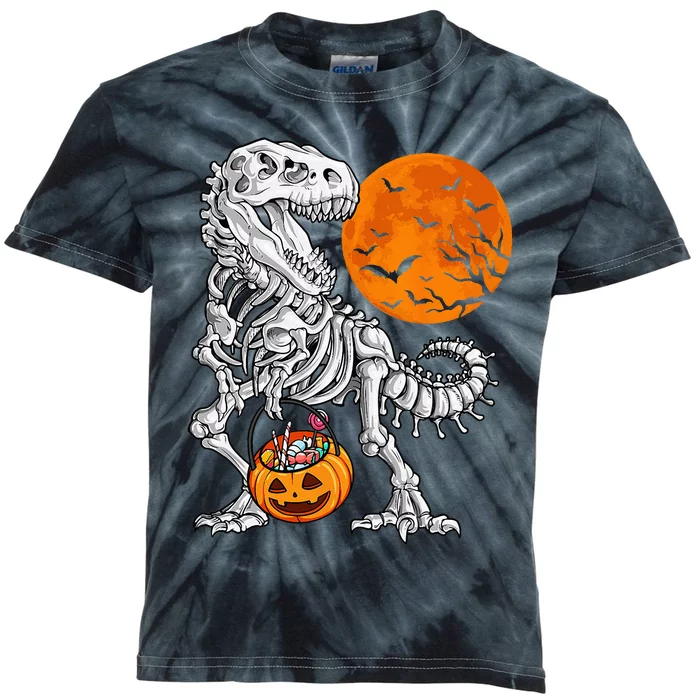 Halloween Dinosaur Skeleton T Rex Scary Pumpkin Moon Kids Tie-Dye T-Shirt