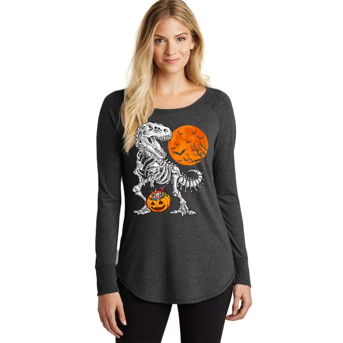 Halloween Dinosaur Skeleton T rex Scary Pumpkin Moon Women's Perfect Tri Tunic Long Sleeve Shirt