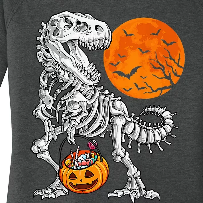 Halloween Dinosaur Skeleton T rex Scary Pumpkin Moon Women's Perfect Tri Tunic Long Sleeve Shirt