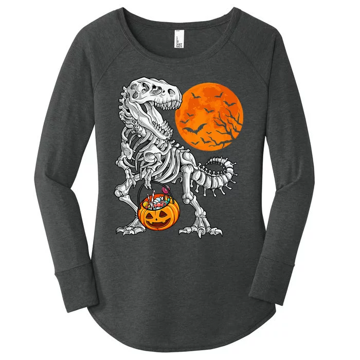 Halloween Dinosaur Skeleton T rex Scary Pumpkin Moon Women's Perfect Tri Tunic Long Sleeve Shirt