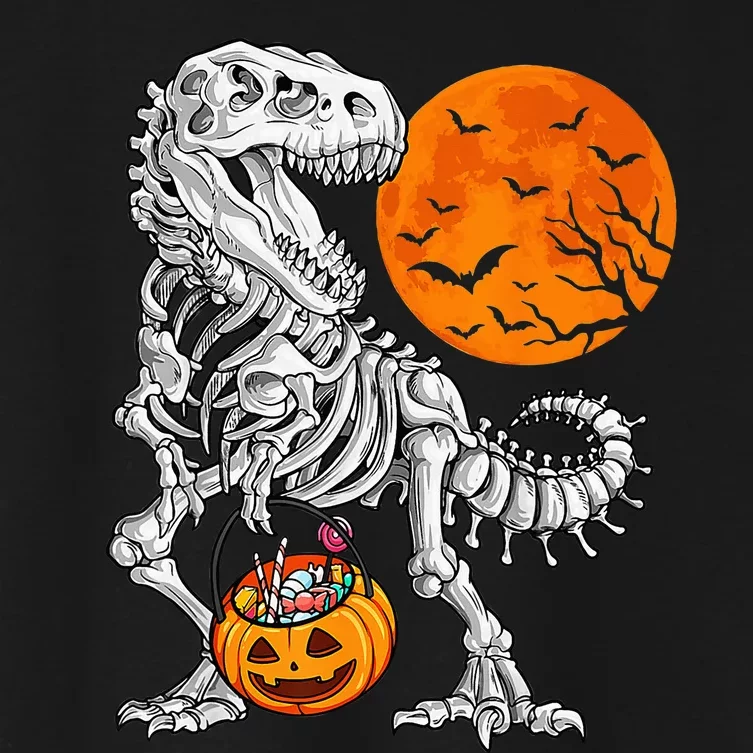 Halloween Dinosaur Skeleton T rex Scary Pumpkin Moon Women's Crop Top Tee