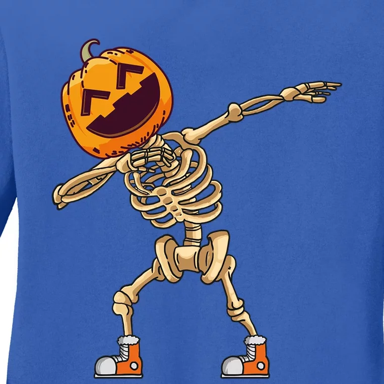 Halloween Dabbing Skeleton Pumpkin Head Dance Dab Gift Ladies Long Sleeve Shirt