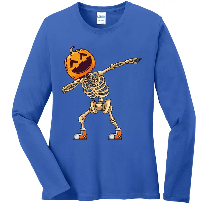 Halloween Dabbing Skeleton Pumpkin Head Dance Dab Gift Ladies Long Sleeve Shirt