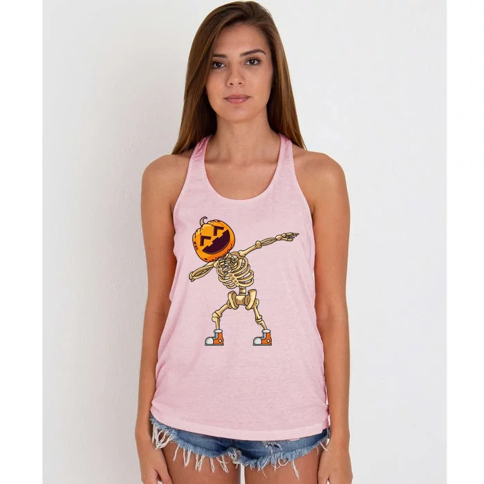 Halloween Dabbing Skeleton Pumpkin Head Dance Dab Gift Women's Knotted Racerback Tank