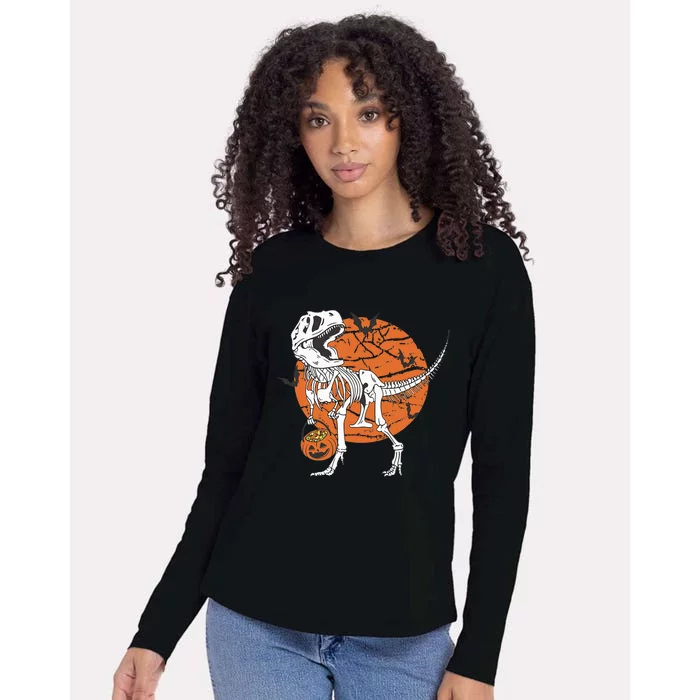 Halloween Dinosaur Skeleton T Rex Scary Pumpkin Moon Womens Cotton Relaxed Long Sleeve T-Shirt