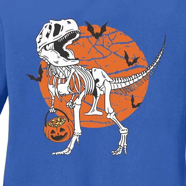 Halloween Dinosaur Skeleton T Rex Scary Pumpkin Moon Ladies Long Sleeve Shirt