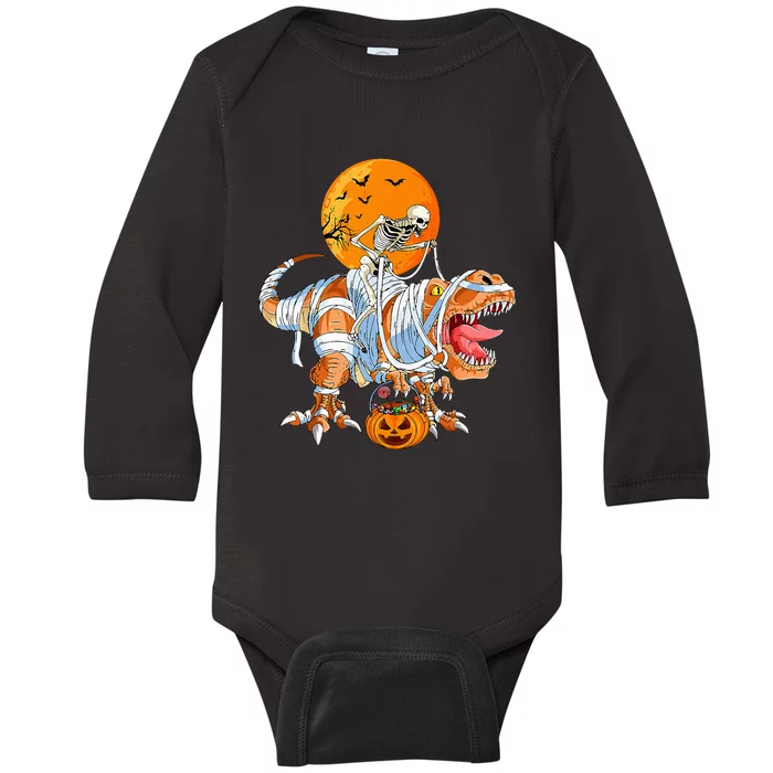 Hilarious Dino Skeleton on Pumpkin Halloween Party Costume Baby Long Sleeve Bodysuit