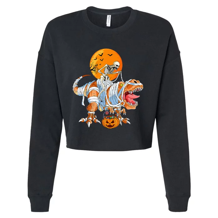 Hilarious Dino Skeleton on Pumpkin Halloween Party Costume Cropped Pullover Crew