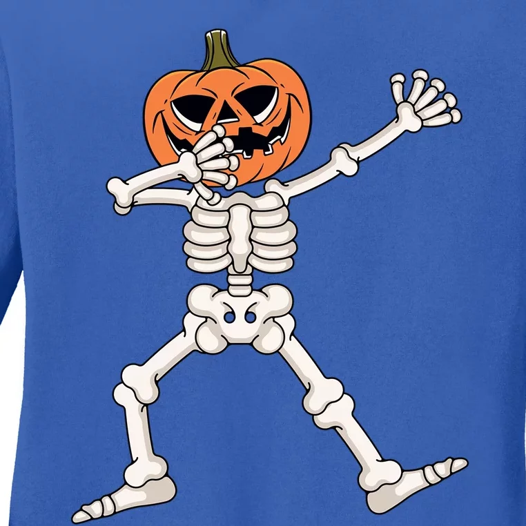 Halloween Dabbing Skeleton Funny Costume Pumpkin Dab Gift Ladies Long Sleeve Shirt